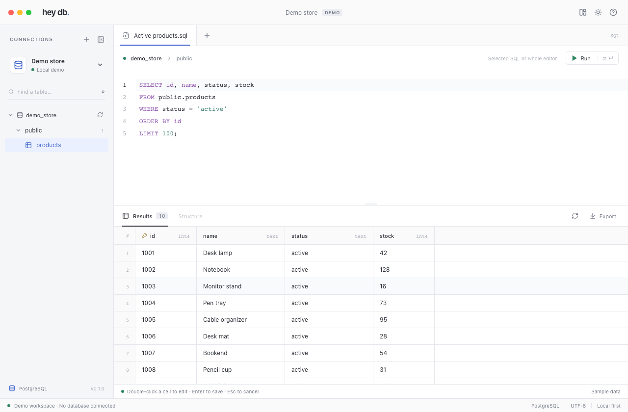 Full-size hey db workspace with the schema explorer, SQL editor, and synthetic product results.