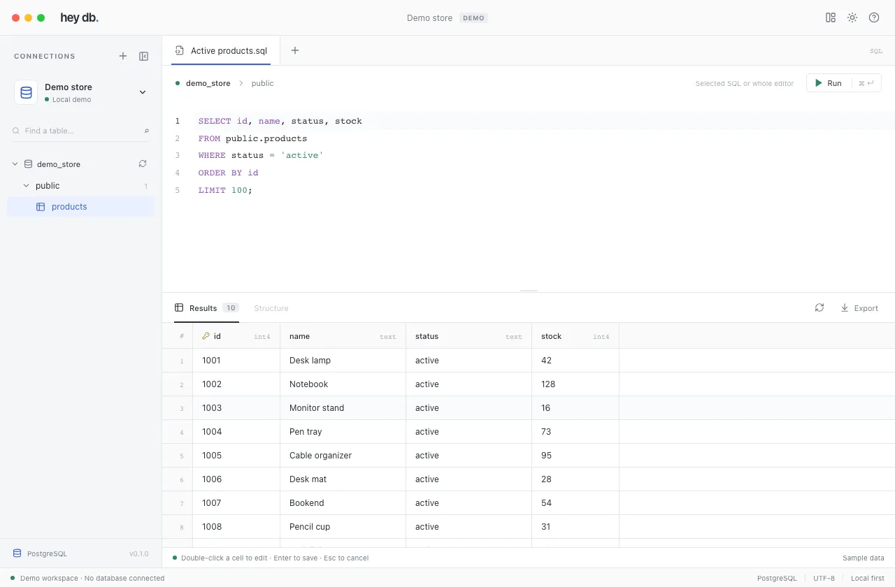 The hey db desktop app showing a PostgreSQL schema explorer, SQL query editor, and a product results table with synthetic demo data.